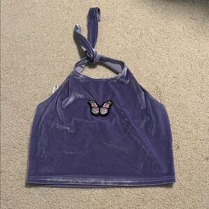 ROMWE lavender velvet halter crop top with butterfly embroidery